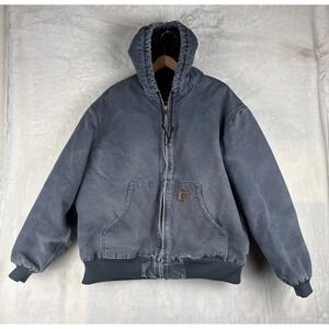 Vintage Carhartt J130 STM Mens XL Faded Gray Hooded Distressed Jacket Work Y2K